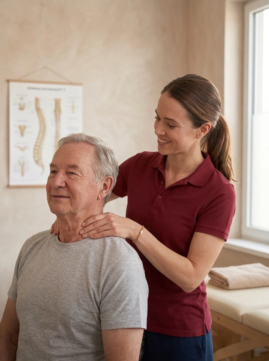 Physiotherapeutin behandelt gezielt Nacken und Schulter einer Patientin